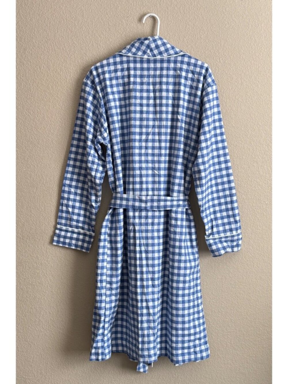 SERENA & LILY Women's Gingham Flannel Robe Brushed Cotton Blue White - Picture 6 of 9